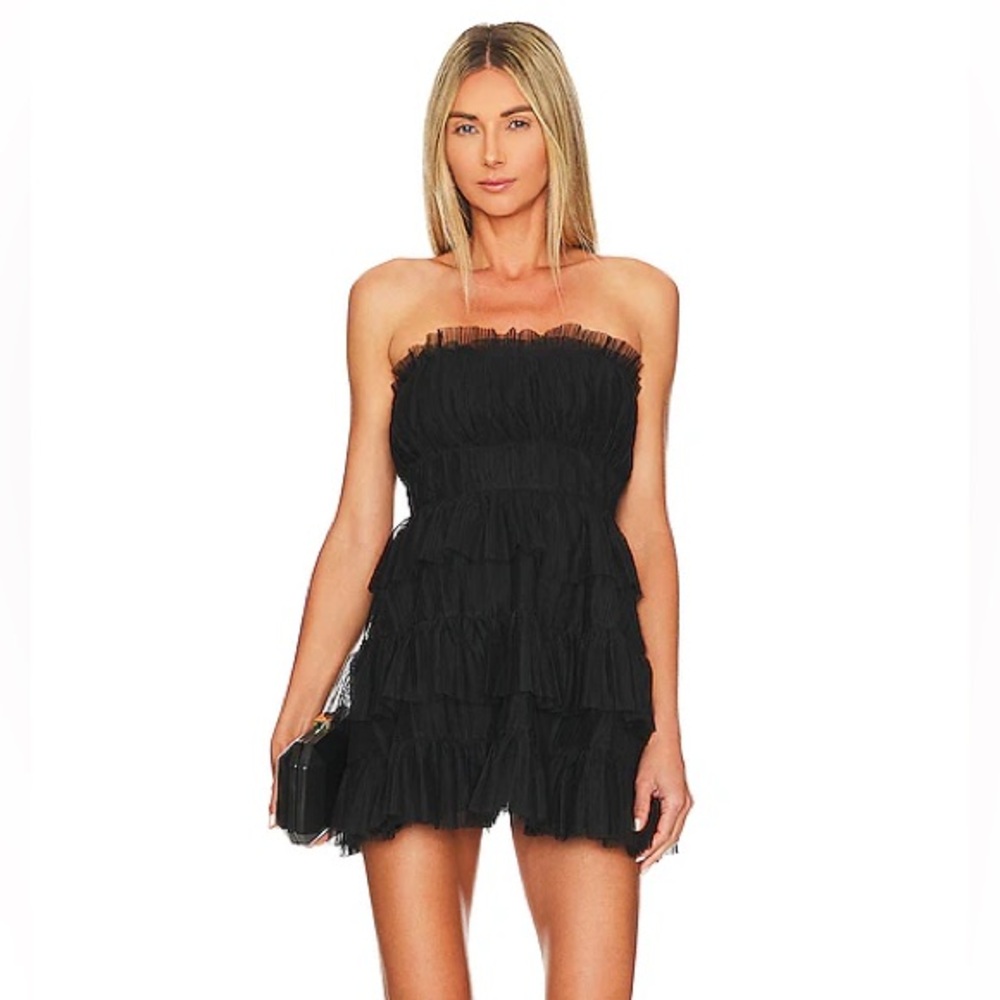 Lovers + Friends Barlow Black Mini Ruffle Pleated Tulle Dress Strapless